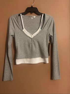 Madden Girl Grey Layered-Look Ribbed Crop Top with White Tank Detail